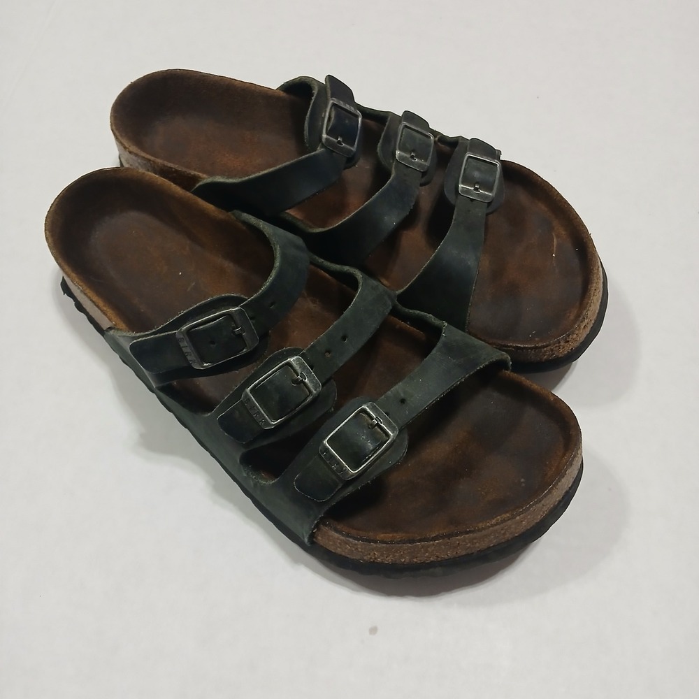Birkenstock FLORIDA 3 Strap Soft Footbed Black Leather Sandals Women 7.5, 38